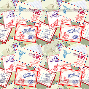 Seamless pattern with xmas stamps, envelops, labels - vector image