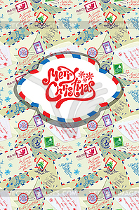 Greeting card with xmas stamps, envelops, labels, - vector clipart