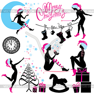 Set of Christmas silhouette fairy girls with - vector clip art