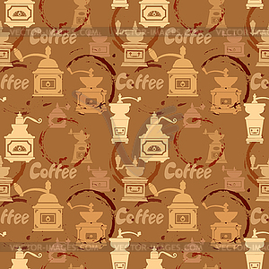 Seamless pattern with grinder, coffee stain, - vector clipart
