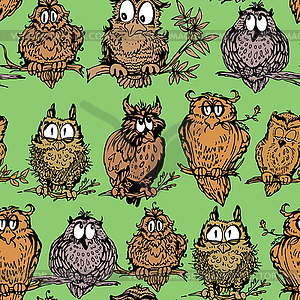 Seamless pattern with cute owls on branch. - vector clipart