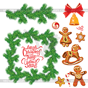 Painted holiday typography, Frame of Christmas fir - vector image