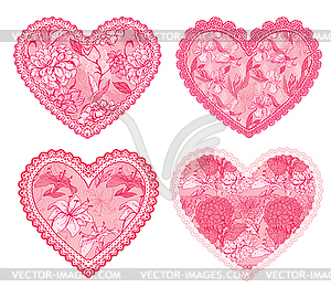 Set of 4 Pink fine lace hearts with floral - vector image