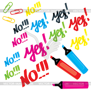 Set of different colors markers and signs yes and no - vector image