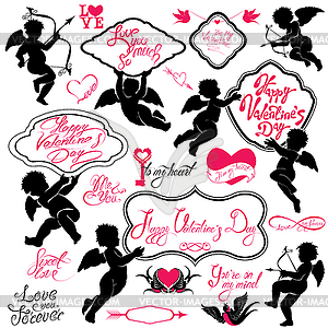 Set of cute angels, Calligraphic text Happy - vector clipart