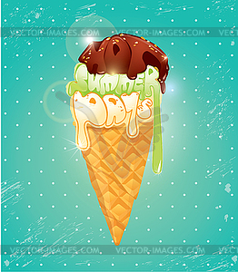 Ванильное мороженое конус с шоколадной глазурью. Вверх - векторный клипарт Royalty-Free