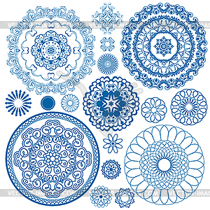 Set of blue floral circle patterns. Background in - vector image