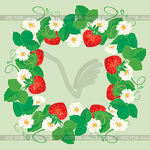 Round frame with Strawberries, flowers and leaves o - vector image