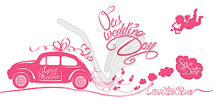 Funny pink wedding card with retro car dragging - vector clipart