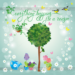 Image with green tree, flowers in pots and birds - vector image