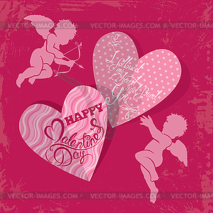 Holiday card with cute angels and hearts on grunge - vector image