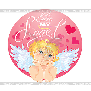 Cute Cupid in round pink frame. Valentines Day - vector image