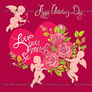 Holiday card with cute angels, roses flowers and - vector clipart