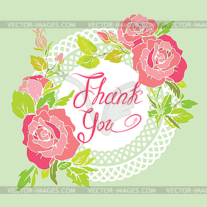 Thank you card with beautiful flovers, pink roses - vector clipart