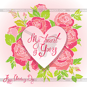 Floral card with heart frame on pink roses flowers - vector image