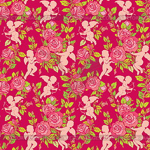 Holiday Seamless pattern with cute angels and pink - vector clipart