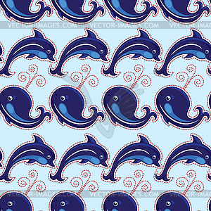 Seamless pattern with whales and dolphins - - vector clip art