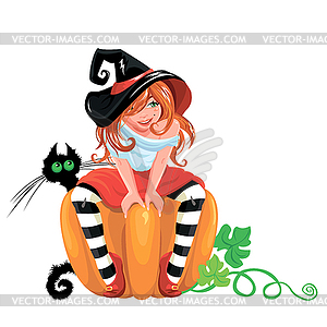 For Halloween with cute witch sitting on big pump - vector clipart