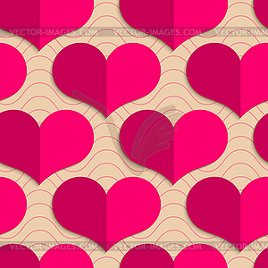 Retro fold pink hearts on waves - vector image