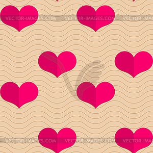 Retro fold small pink hearts on waves - vector image