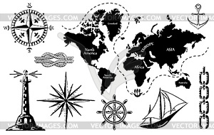 Old map and set of sea icons - vector clip art