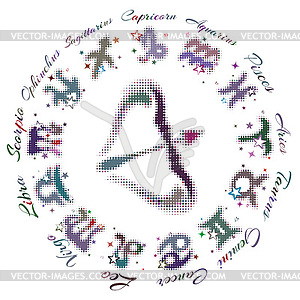 Zodiac sign Sagittarius 13 characters - vector image