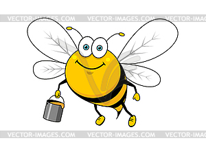 Cartoon smiling bee flying with honey bucket - vector clip art