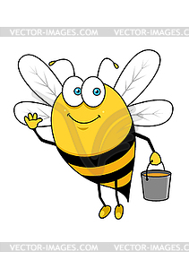 Cartoon flying bee with honey bucket waving hand - vector image