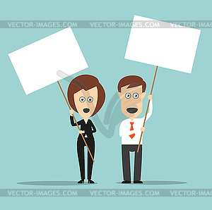 Business colleagues holding sign boards with - color vector clipart