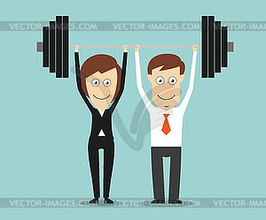 Business team holding barbell above heads - vector image