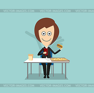 Business woman having fast food lunch - vector clipart