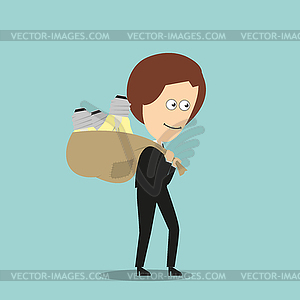 Business woman with sack of idea light bulbs - vector clipart