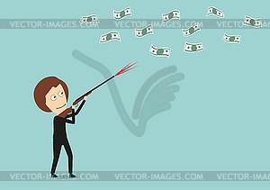 Business woman hunts for money with hunting rifle - royalty-free vector image