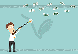 Businessman hunts for dollar bills with gun - vector clip art