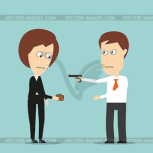 Businessman robs business woman with handgun - vector image