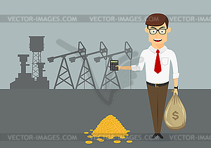 Rich businessman with money in front of oil pumps - vector clipart