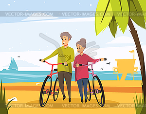 Senior old couple on beach with bicycles - vector image