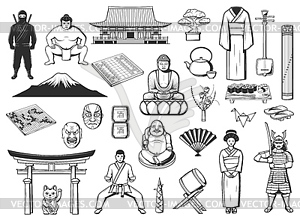 Japan pagoda, geisha, sushi, Asian lantern icons - vector image