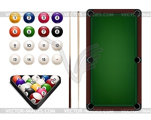 Billiard sport realistic balls, cues, table, rack - royalty-free vector image