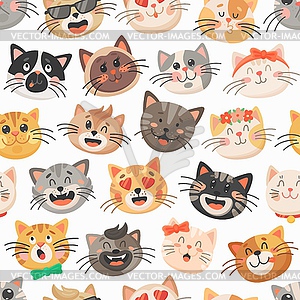 Cute cats seamless pattern, kitten muzzles - vector image