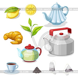 Чайный сервиз с зелеными листьями, чашка для горячих напитков, чайник - рисунок в векторе