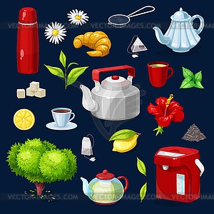 Tea objects icons set. Teapot, cup - vector clipart