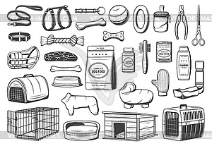 Dog animal care supply, pet shop icons - vector image