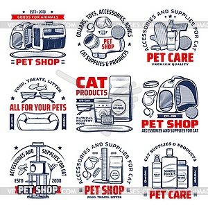 Pet shop icons with cat care supplies - vector image