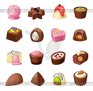 Chocolate candies, sweets and dessert food - vector image