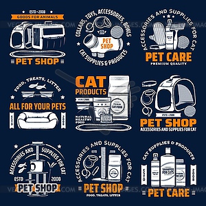 Pet shop supplies icons, cat animal care - vector clip art