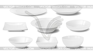 White plate, dish and food bowl realistic mockups - vector image