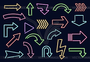 Neon light arrow pointer signs on dark background - vector clipart