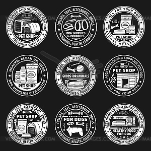 Pet shop icons, dog food and animal care supplies - vector image