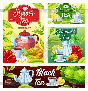 Tea cup of black, green, herbal beverage banners - vector clipart